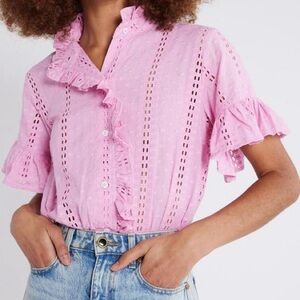 Mille Vanessa Top Bubble Gum Pink XS Polka Dot Eyelet Ruffle Blouse Button Down